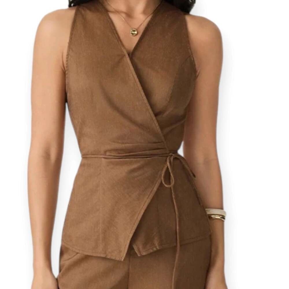 NWT OGL Linen Blend Wrap Self Tie Asymmetrical Top Women’s Size Large Tree Brown